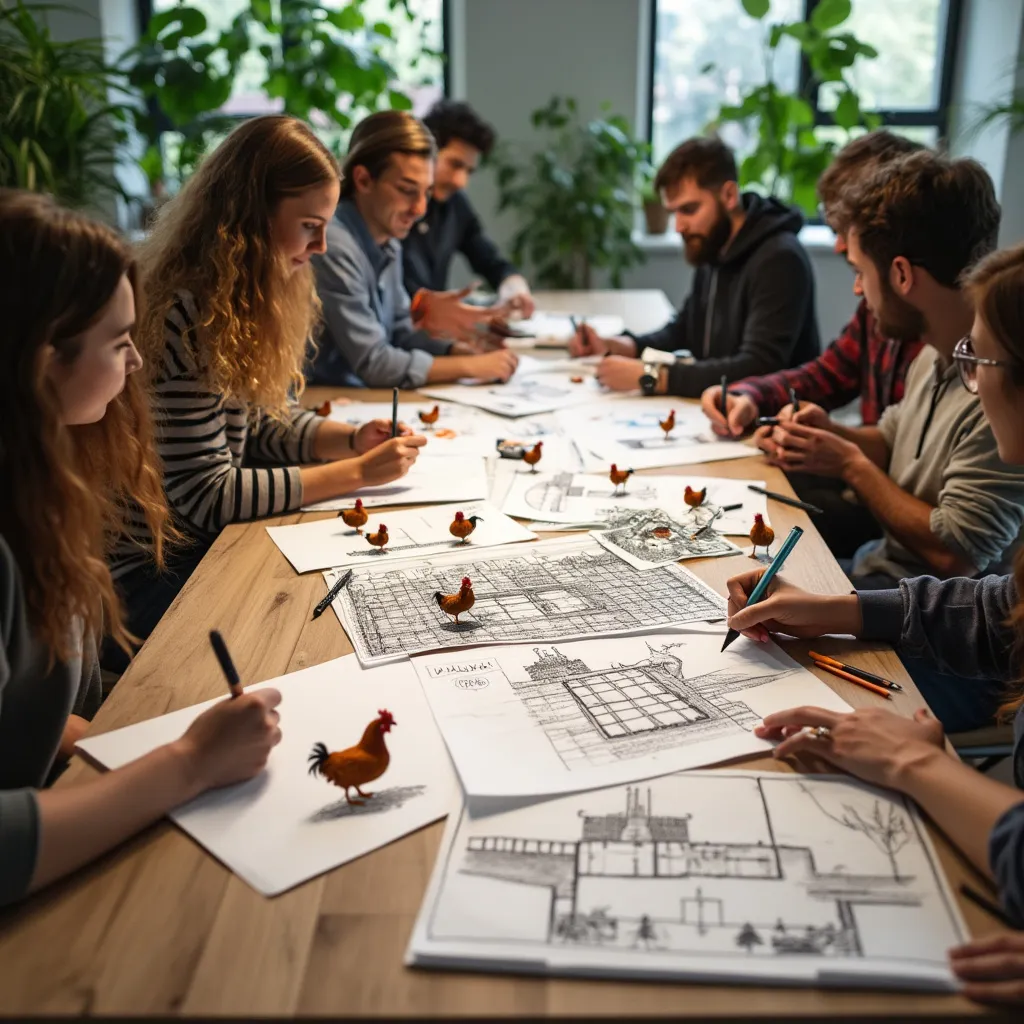 Chicken Road team brainstorming session with chicken sketches