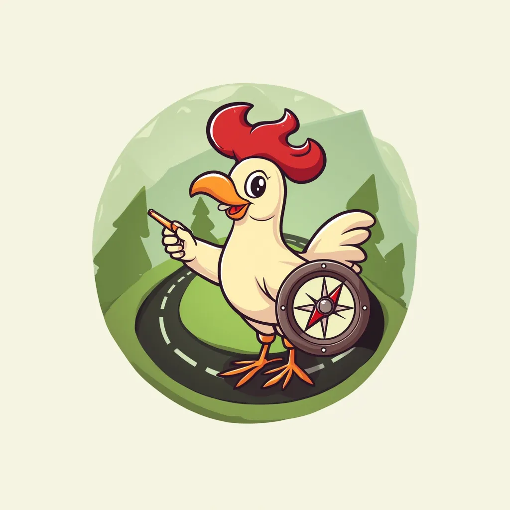 Mission icon - chicken with a compass navigating a road
